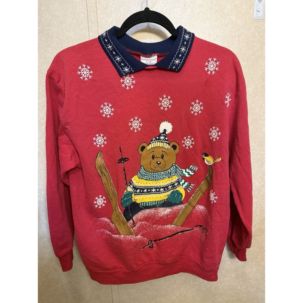 Vintage Bobbie Brooks Christmas Bear Skiing Sweatshirt Red Womens Small 90s
